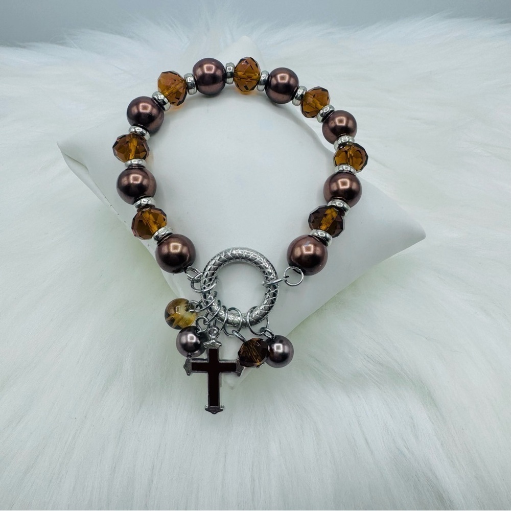 Brown Cross Charm Fashion Beaded Bracelet